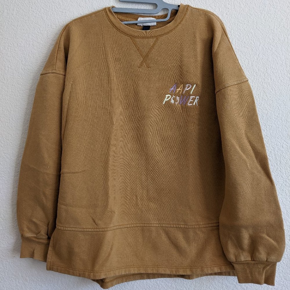 Embroidered AAPI Power Mustard Yellow Crew Neck Pullover Long Sleeve Sweater